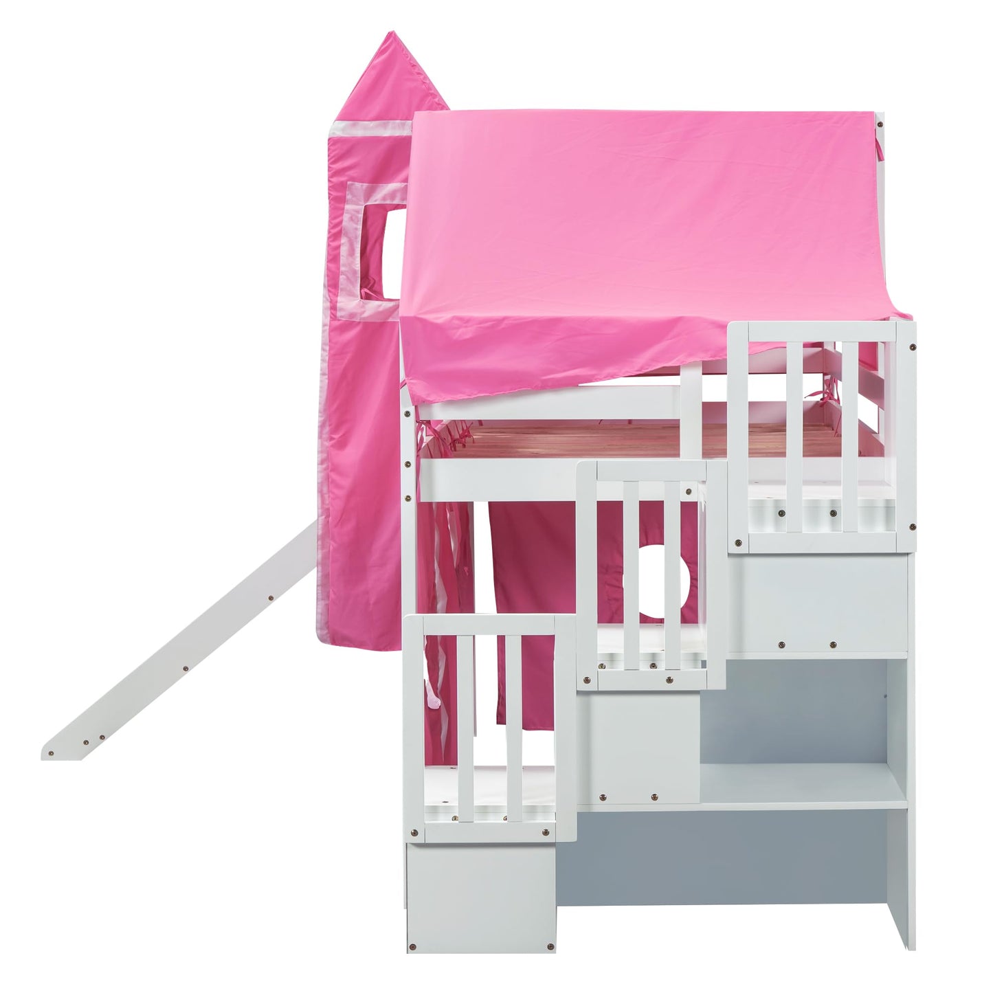 Harper & Bright Designs House Loft Bed with Slide and Storage Stairs, Wood Kids Loft Bed with Tent and Tower, Playhouse Loft Bed Frame for Kids, Teens (Twin Size, Pink)