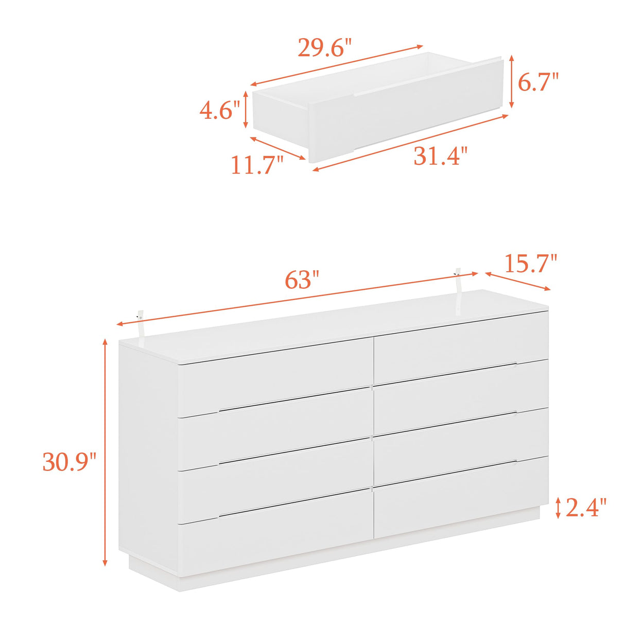 ROMSHINE White Drawer Dresser with LED Light, Modern High Gloss Dresser with 8 Drawers, 63" Long Dresser Double Dresser Storage Chest of Drawer for Bedroom, Living Room, Entryway ROMSHINE