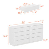 ROMSHINE White Drawer Dresser with LED Light, Modern High Gloss Dresser with 8 Drawers, 63" Long Dresser Double Dresser Storage Chest of Drawer for Bedroom, Living Room, Entryway ROMSHINE