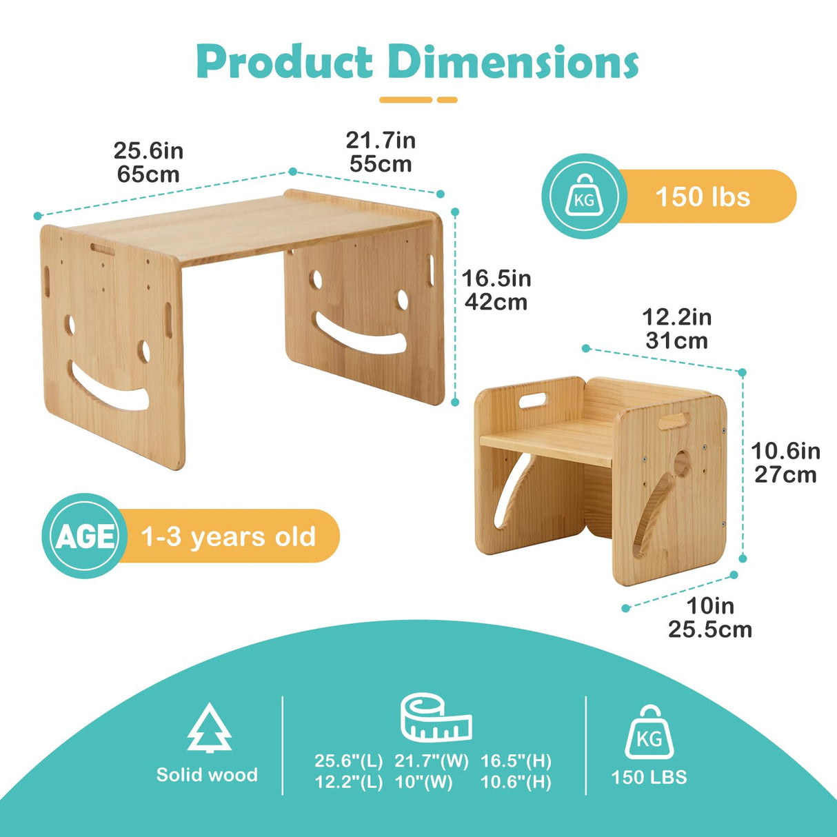 FUNLIO Height Adjustable Montessori Weaning Table and Chair Set for Age 1-3, Quality Solid Wood Toddler Table and 2 Chairs, Kids Table and Chairs for Reading/Eating/Playing,CPC Certified (3pcs Set) FUNLIO