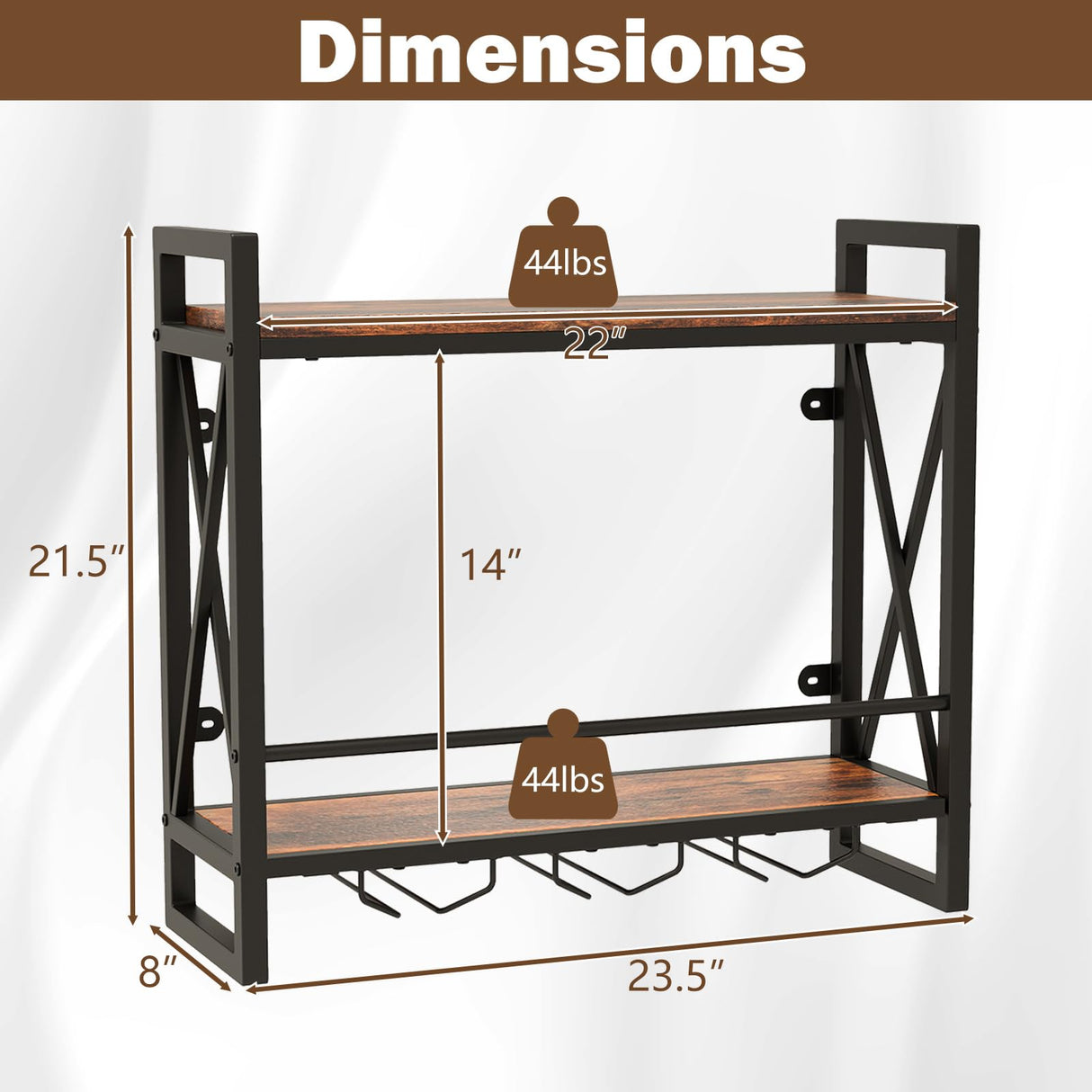 Giantex Industrial Wall Mounted Wine Rack, 2-Tier Metal Hanging Wine Bottle Glass Rack with 14-Bottle & 12-Mug Holders, Wall Wine Floating Shelves for Home Bar, Kitchen, Dining Room, Rustic Brown Giantex