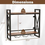 Giantex Industrial Wall Mounted Wine Rack, 2-Tier Metal Hanging Wine Bottle Glass Rack with 14-Bottle & 12-Mug Holders, Wall Wine Floating Shelves for Home Bar, Kitchen, Dining Room, Rustic Brown Giantex