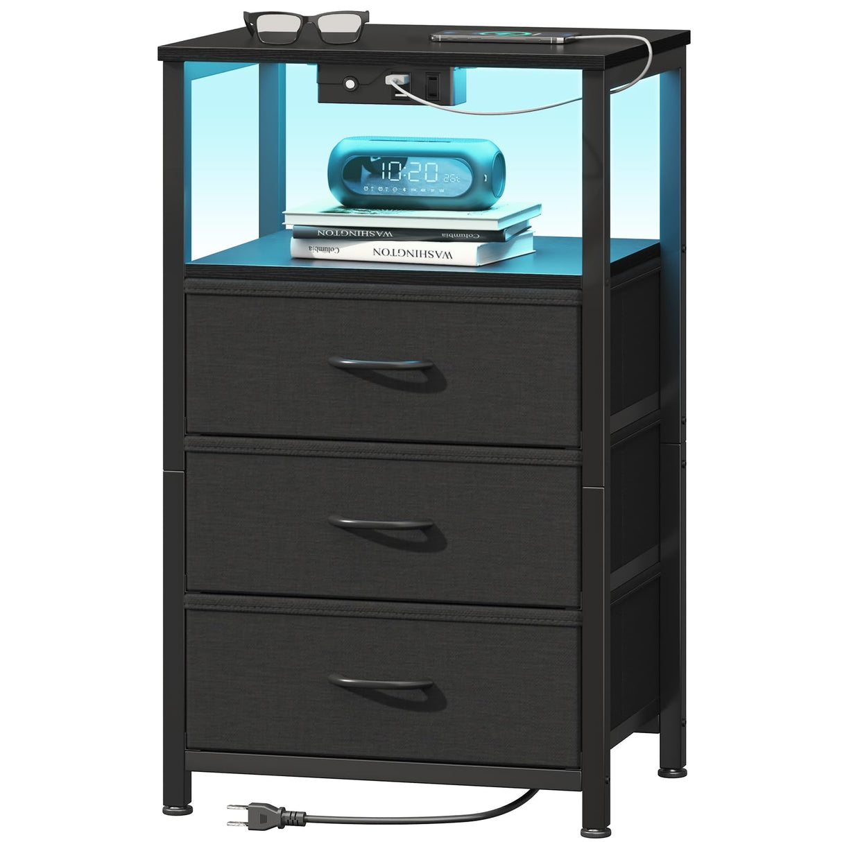 Casaottima BlackNight Stand with Light Strip andCharging Station — USB Ports & Power Outlets, Small Nightstand with 3 Fabric Drawers and Open Shelf, Bedside Table for Bedroom Casaottima