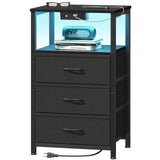 Casaottima BlackNight Stand with Light Strip andCharging Station — USB Ports & Power Outlets, Small Nightstand with 3 Fabric Drawers and Open Shelf, Bedside Table for Bedroom Casaottima