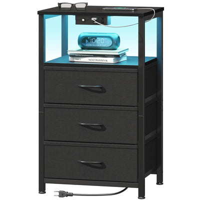 Casaottima BlackNight Stand with Light Strip andCharging Station — USB Ports & Power Outlets, Small Nightstand with 3 Fabric Drawers and Open Shelf, Bedside Table for Bedroom