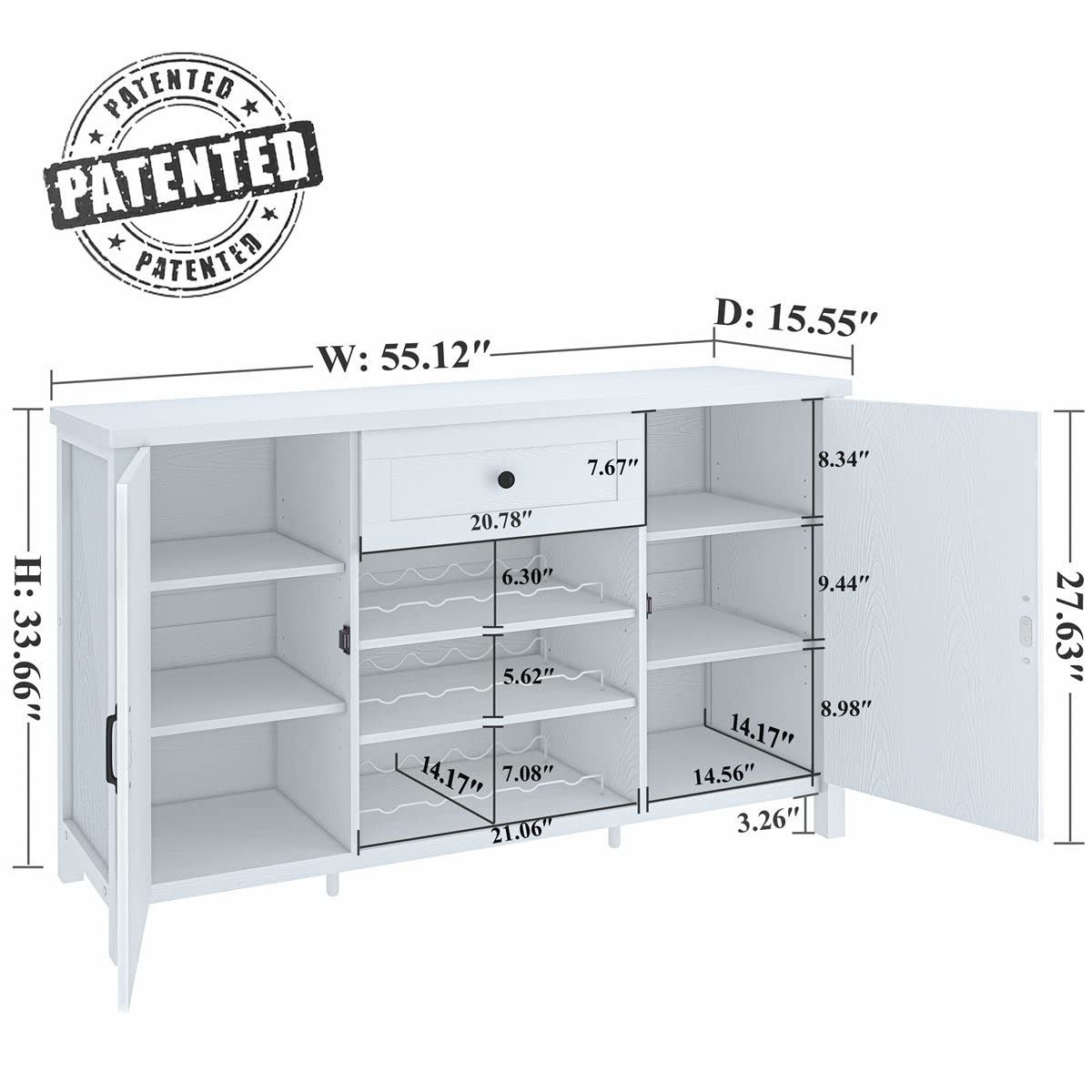 FATORRI Industrial Buffet Cabinet with Storage, Wood Buffet and Sideboard with Wine Rack, Rustic Credenza Coffee Bar Cabinet for Kitchen Dining Room (55.12 Inch, White Oak) - WoodArtSupply