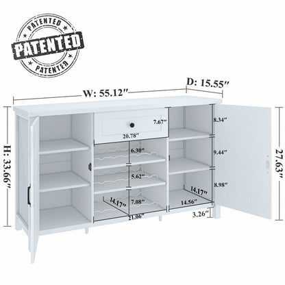 FATORRI Industrial Buffet Cabinet with Storage, Wood Buffet and Sideboard with Wine Rack, Rustic Credenza Coffee Bar Cabinet for Kitchen Dining Room (55.12 Inch, White Oak) - WoodArtSupply