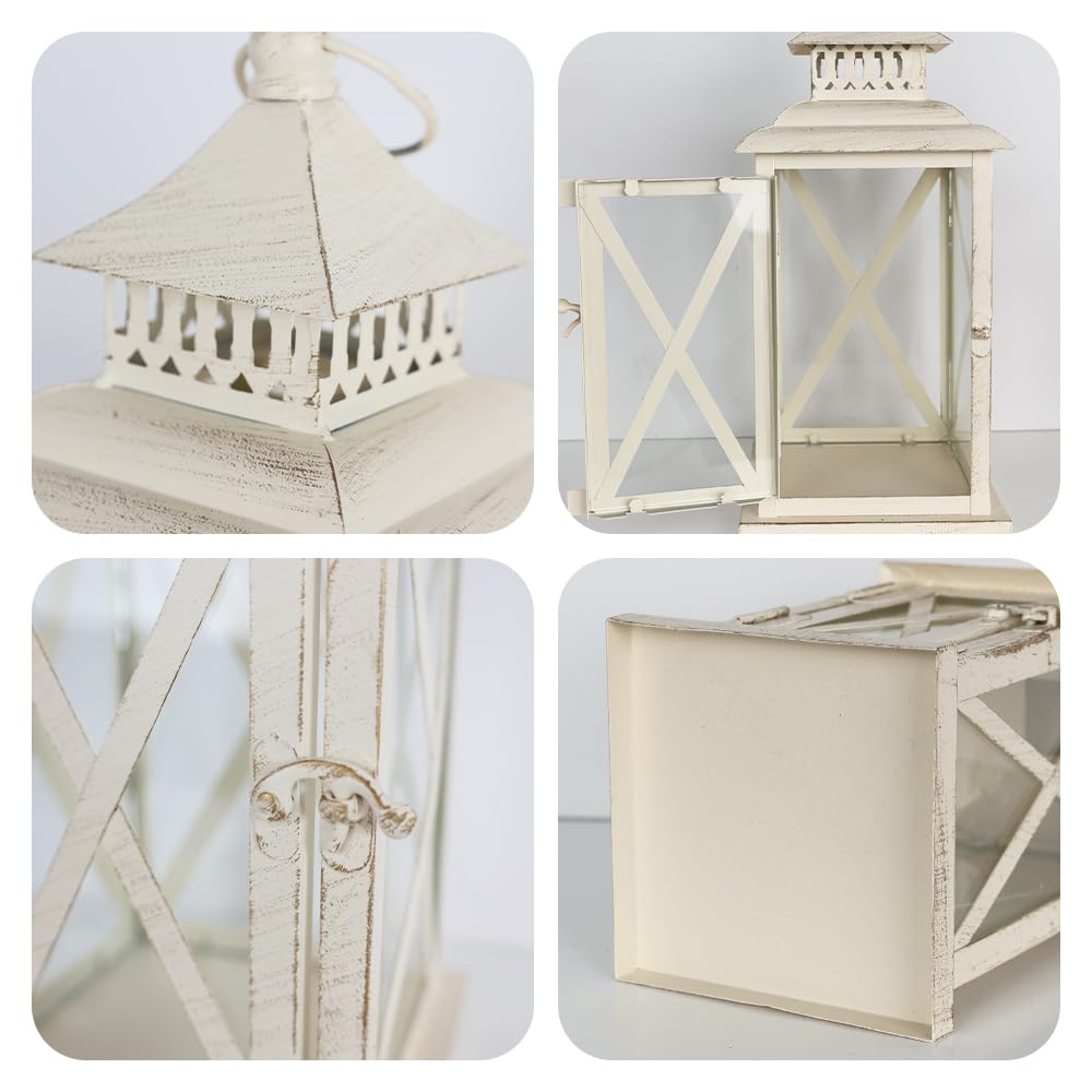 Lanterns Decorative Outdoor&Indoor, Set of 2 (14"&10") Beige Metal Lantern Decor with Glass, Candle Holder for Porch, Patio, Garden, Balcony, Wedding, Table Centerpiece NEEDOMO