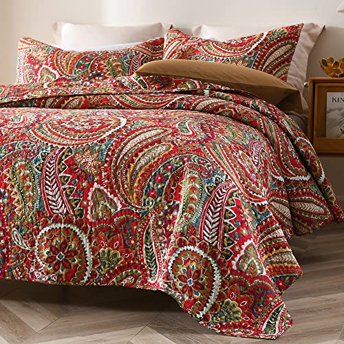 ENASAL Cotton Bedspread Quilt Sets, Reversible Bedding Coverlet Sets Comforter, Floral Paisley Bedspread (Red, King Size) ENASAL