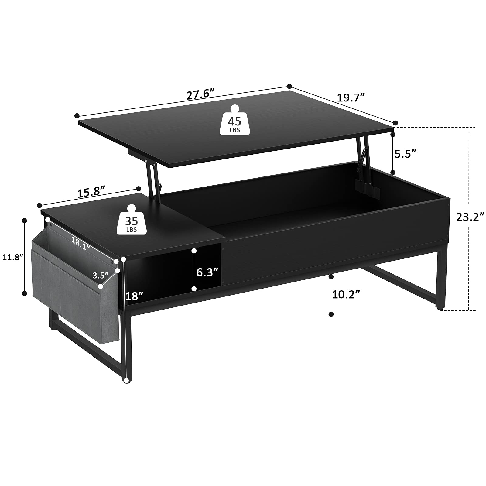 Aheaplus Lift Top Coffee Table with Storage, Wood Lifting Top Central Table Metal Frame, 43.3" Lift Tea Table with Side Pouch, Cocktail Table Modern Adjustable Table for Living Room, Black - WoodArtSupply