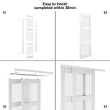 JUBEST Sliding Closet Door 48"(Double 24.5")x80", 3-Lite Frosted Glass Bypass Door with Hardware Kit & Matching Fascia, Pre-Drilled Solid Wood Slab with Water-Proof PVC Surface, Easy to Install, White JUBEST
