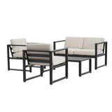 Christopher Knight Home Tundr Outdoor 4 Seater Chat Set with Coffee Table, Patio Conversation Sets, Sectional Aluminum Furniture Set with Cushions, 2 Chairs and Loveseat Set, Black Finish + Beige Christopher Knight Home