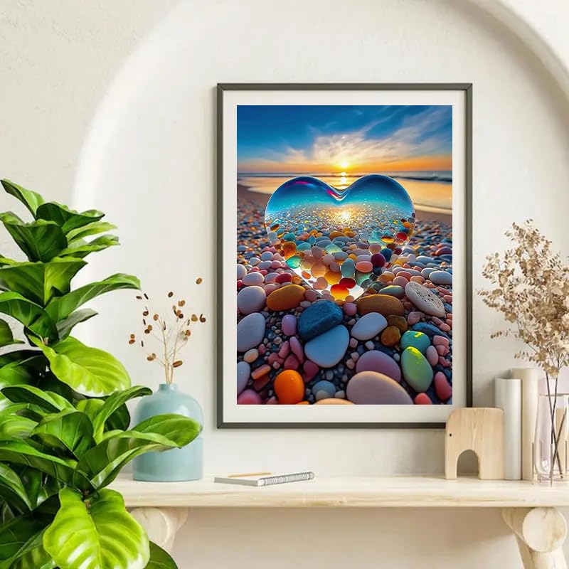 HSENJT 5D Diamond Painting Kits Beach Love for Adults Beginners,Sea Stone DIY Diamond Art,Love Heart Stone Paint with Round Diamonds for Home Wall Decor Gift(30x40cm/11.8X15.7Inch) HSENJT