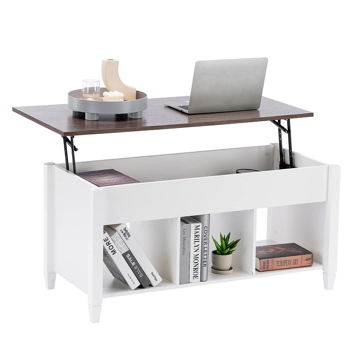 VINGLI Lift Top Coffee Table, White, with Storage Shelf/Hidden Compartment, Gas Lift Mesa De Centro para Sala Pop Up Coffee Table VINGLI
