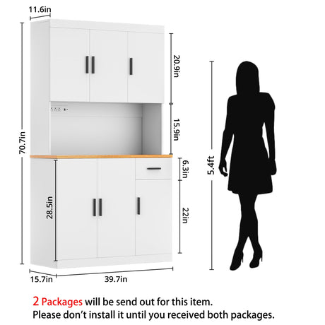 DIYART White Kitchen Pantry Cabinet, 71" Tall Kitchen Storage Cabinet with Power Outlet, Freestanding Kitchen Hutch with countertop DIYART