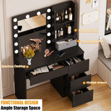 Vabches Makeup Vanity with Lights, 37inch Vanity Desk, 4 Large Drawers Dresser with Lighted Mirror, 3 Lighting Modes Brightness Adjustable, Black Vabches