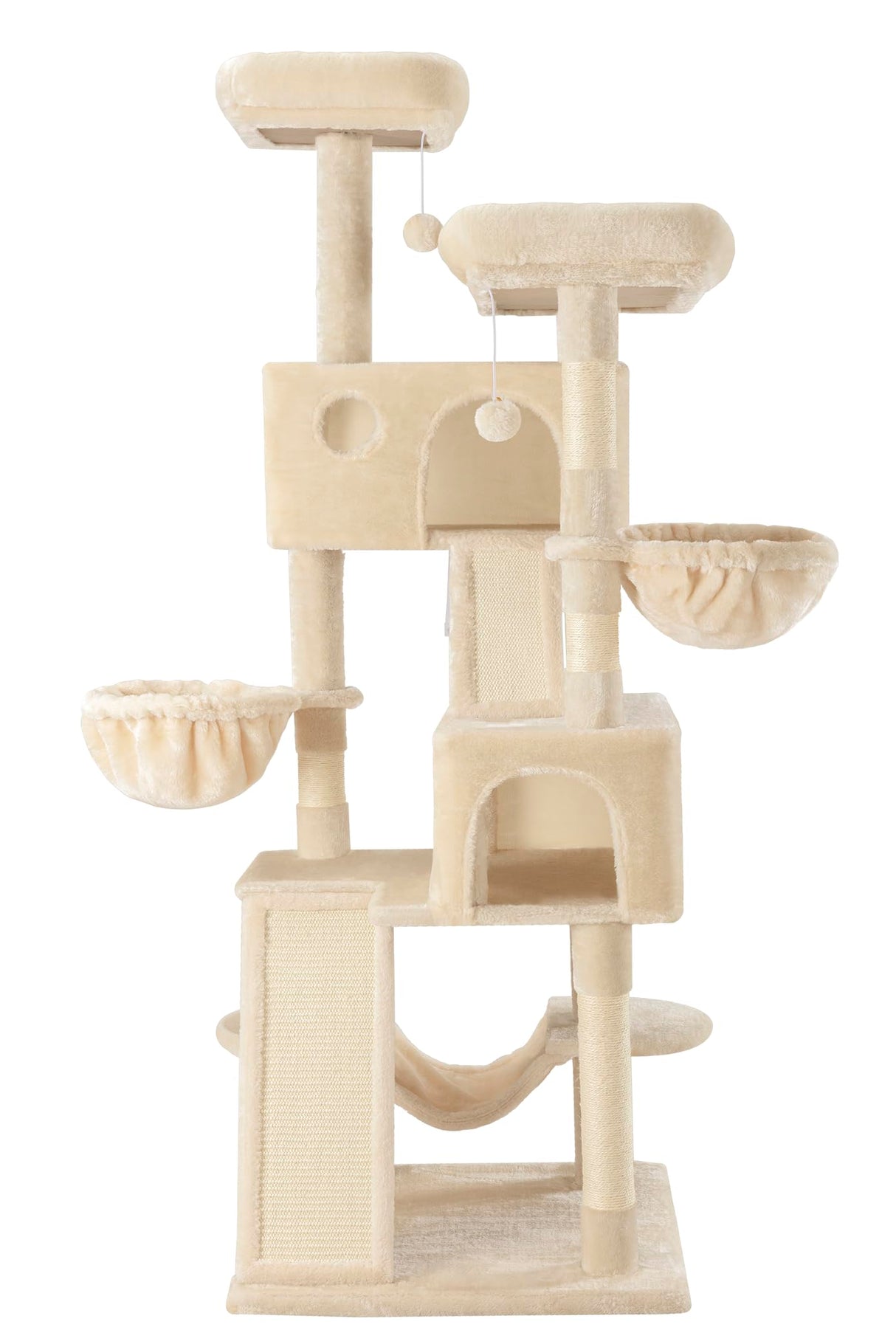 SHA CERLIN 65in Larger Cat Tree Tower Condo for Indoor Kitties/Multi-Level Furniture Activity Center with Wide Base/Cozy Plush Cat Perches/Baskets/Sisal Scratching Posts and Hammock/Beige SHA CERLIN