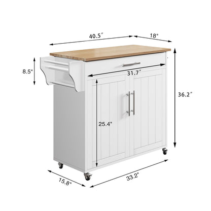 Tornama Kitchen Storage Island, Wooden Rolling Kitchen Island On Wheels with Wood Top, Mobile Kitchen Island Cart with Towel Rack, Spice Rack and Drawers, White - WoodArtSupply