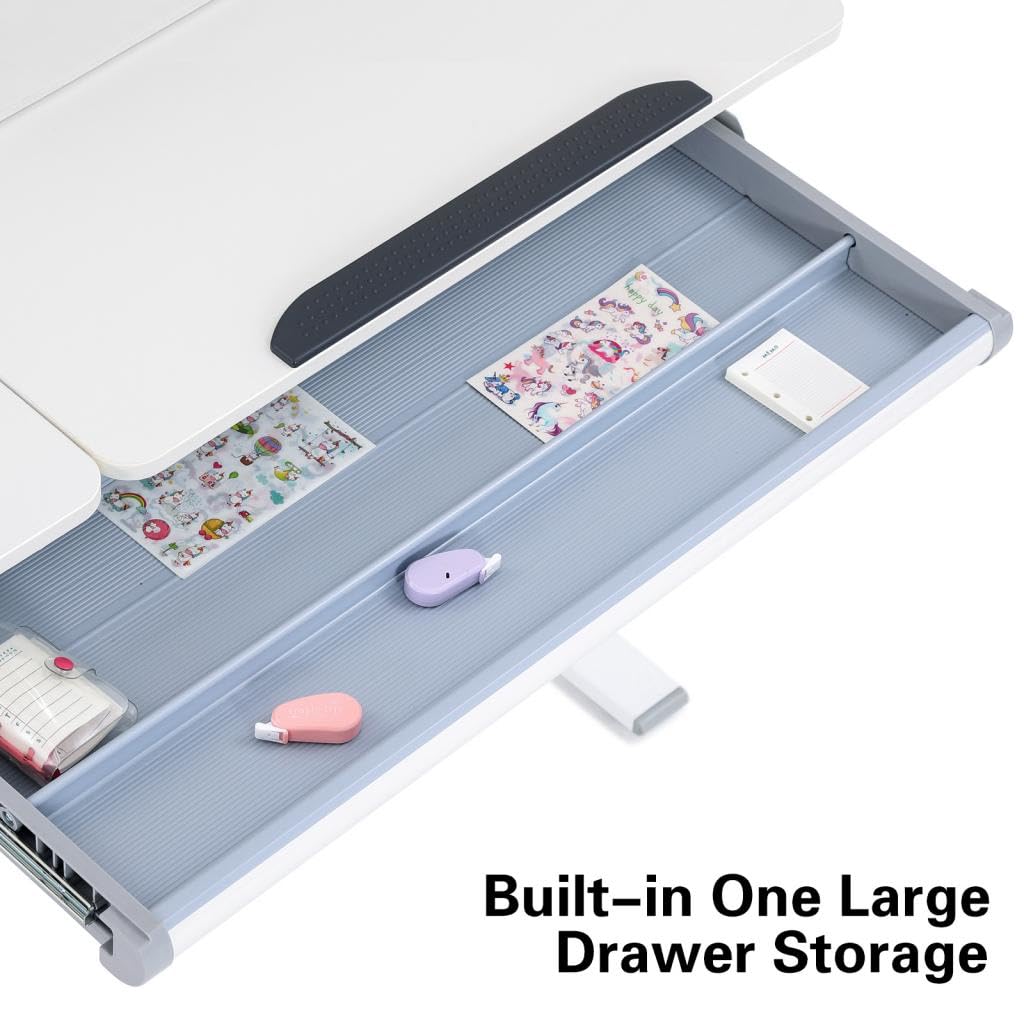 COSVALVE 39in Wide Adjustable Height Kids Desk with Tilting Desktop, Steel Frame, Drawer, and Bookshelf Hutch, Study Child Table for Ages 3-12, Grey COSVALVE