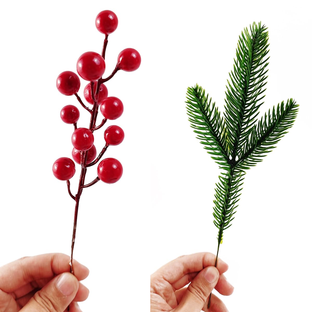 RONYOUNG 32PCS Artificial Pine Branches Christmas Holly Berries Artificial Red Berry Stems for Christmas Wreath Decorations Xmas Tree Decoration