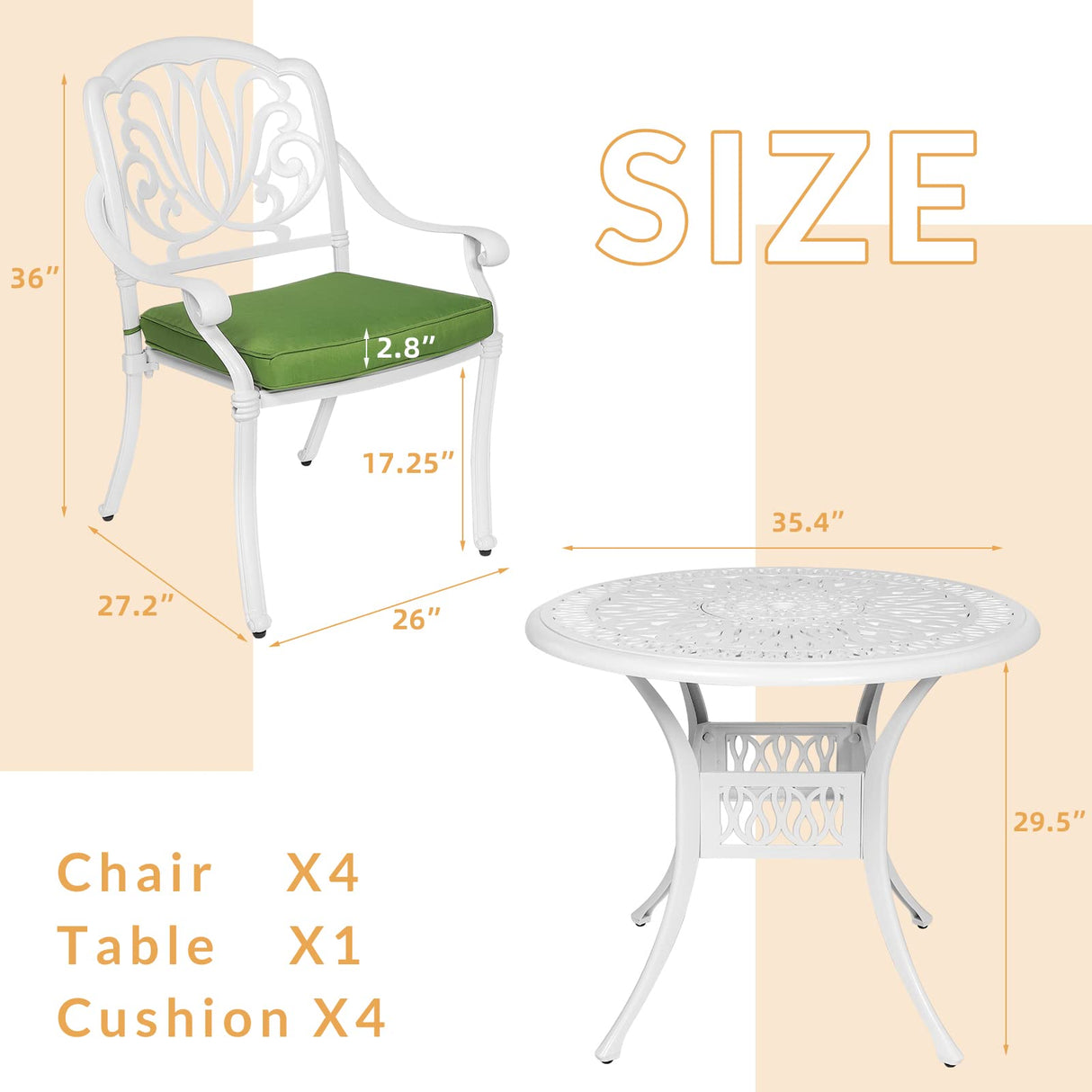 W WARMHOL 5-Piece Outdoor Patio Dining Set, All-Weather Cast Aluminum Patio Furniture Set for Backyard Garden Deck with 4 Chairs, 4 Cushions and 35.4” Round Table, 2.2" Umbrella Hole, White W WARMHOL
