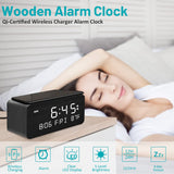 Andoolex Wooden Digital Alarm Clock with Wireless Charging, 0-100% Adjustable Brightness Dimmer and Alarm Volume, Weekday/Weekend Mode, Dual Alarm, Snooze, 12/24H, Wood LED Clock for Bedroom (Black) Andoolex