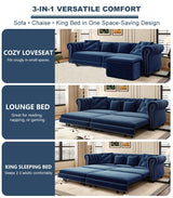 LuxyHoom 89" King Pull Out Sofa Bed, Velvet Chesterfield Sleeper Sofa Couch, 3 in 1 Convertible Tufted Futon Couches with Ottoman for Living Room, Small Space, Apartment, Office, Bedroom, Blue LuxyHoom