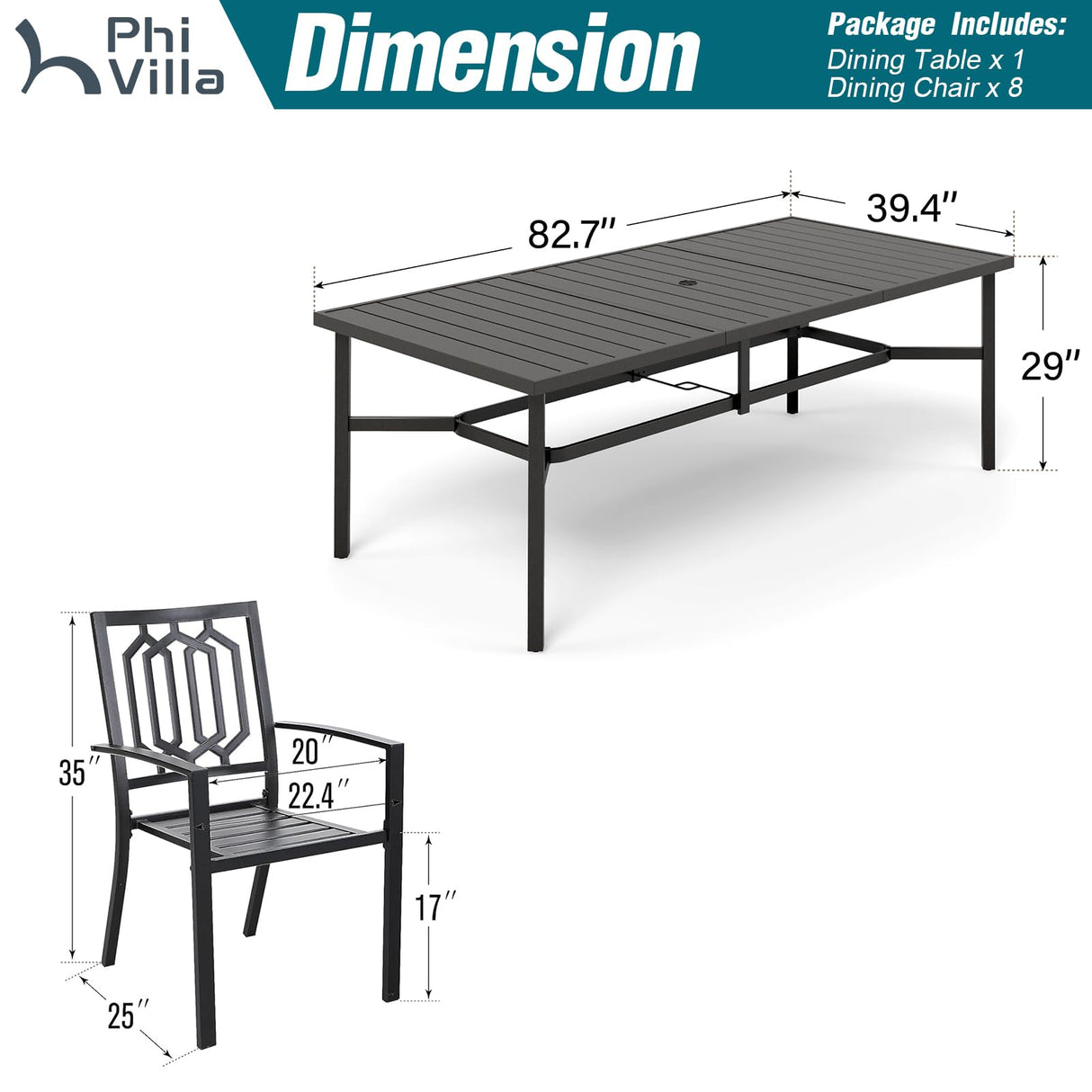 PHI VILLA 9 Pieces Outdoor Dining Set for 8, Rectangular Metal Steel Table with Umbrella Hole & Stackable Wrought Iron Chairs, Large Dining Furniture for Patio, Deck, Yard, Porch PHI VILLA