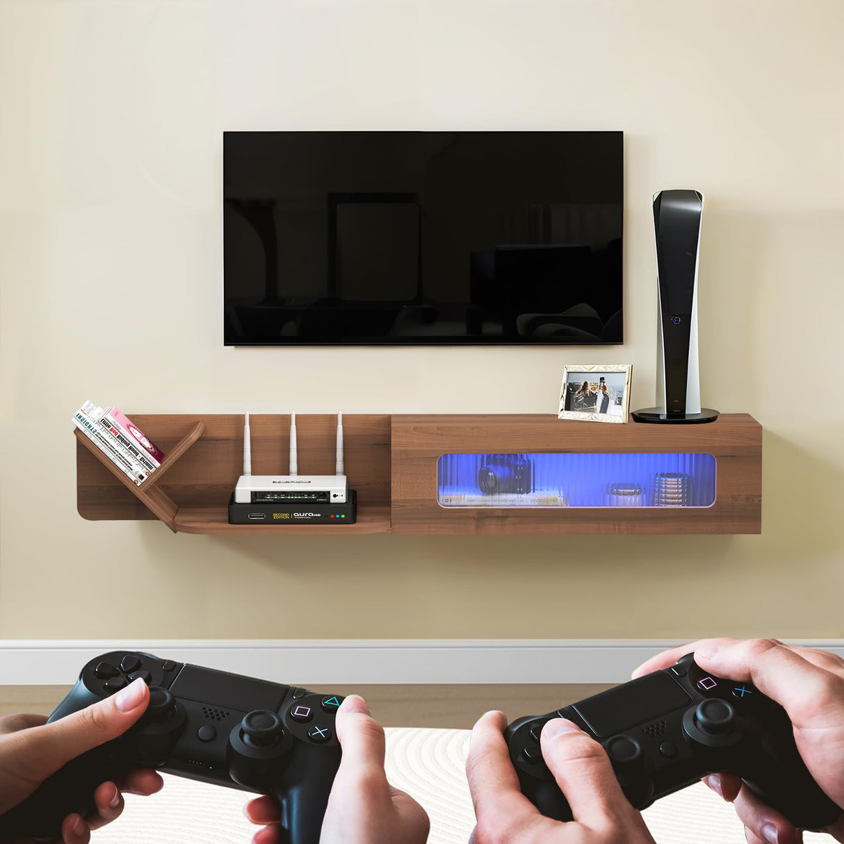 Pmnianhua Rustic Floaing TV Stand with LED Lights,59'' Wall Mounted Media Console,Floating Entertainment Center,Floating Shelf with Glass Door and Storage for Under TV Projector(White) Pmnianhua