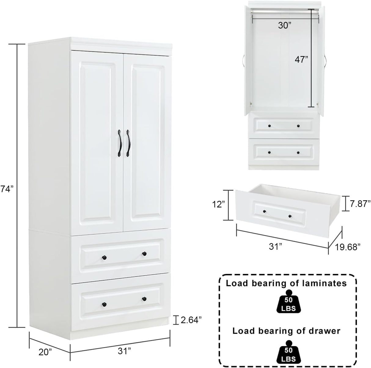 Keloyid Armoire Wardrobe Closet: Wood White Bedroom Armoire Storage Cabinet for Large Capacity with 2 Doors, Tall Armoire and Wardrobe Closet with 2 Drawers & Hanging Rail Keloyid