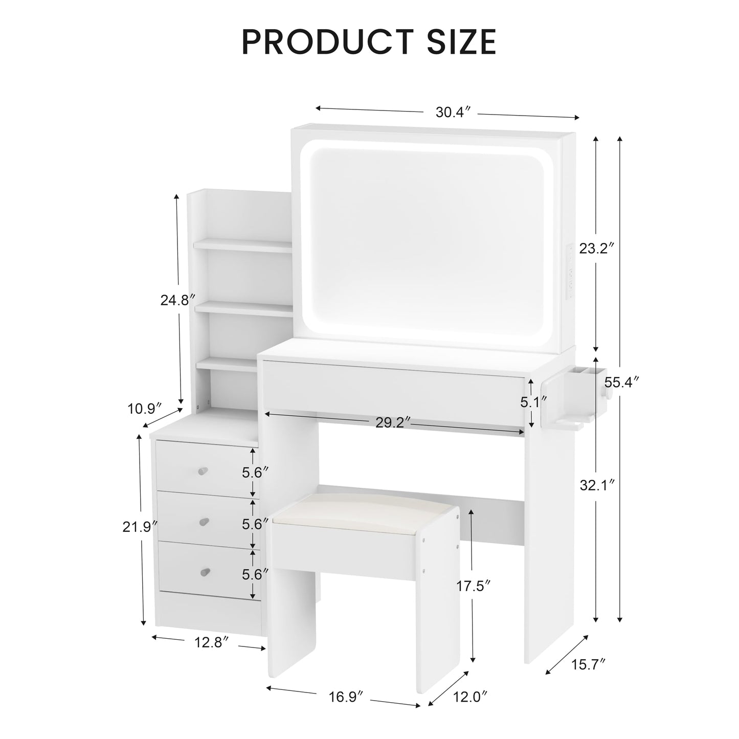 Vanity Desk with Large LED Mirror, Large Vanity Table with Charging Station, Makeup Vanity Desk with Drawers for Bedroom Dressing Room, Women Girls (White)