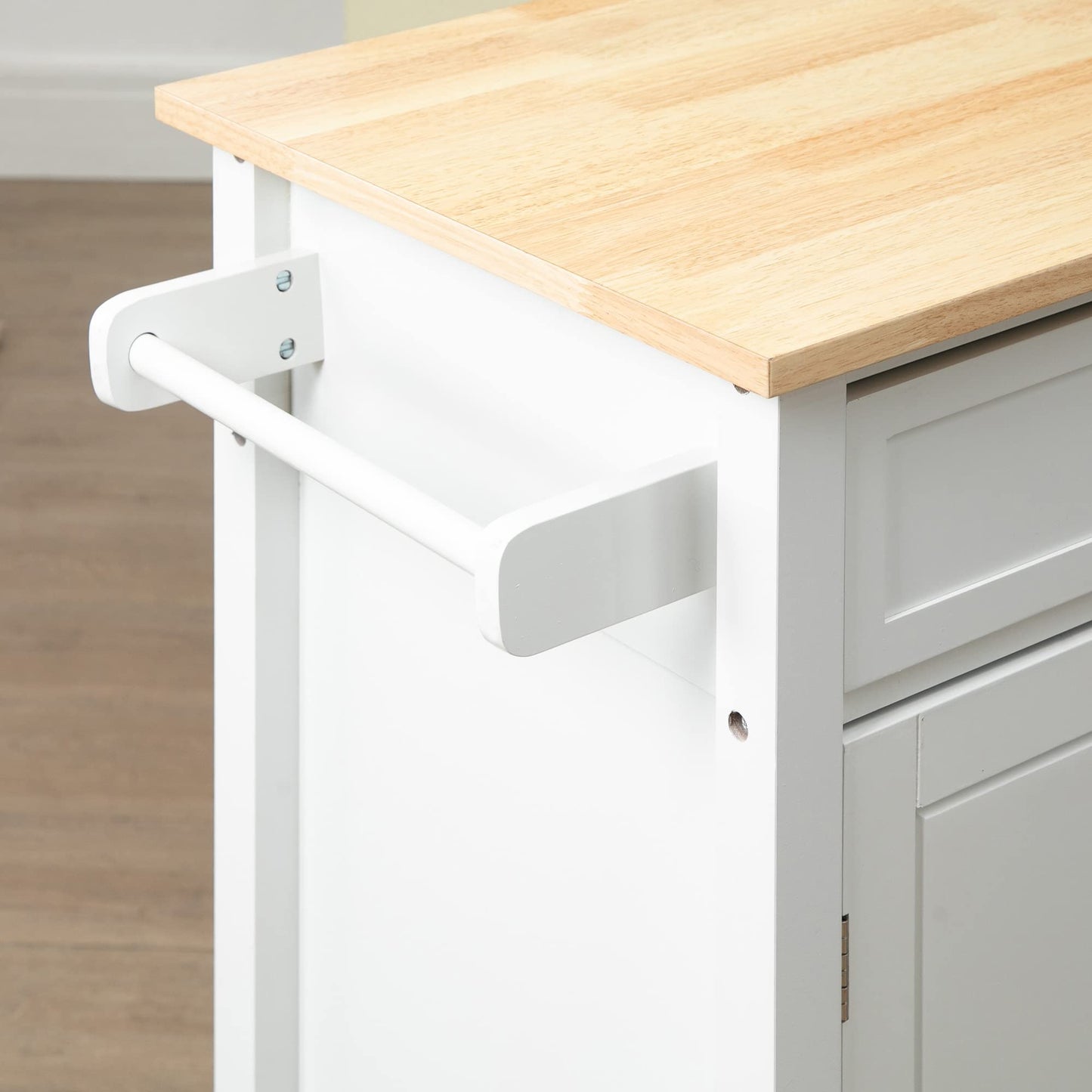 HOMCOM Kitchen Island Cart, Rolling Kitchen Island with Storage Shelf, Solid Wood Top, Drawer, for Dining Room, White