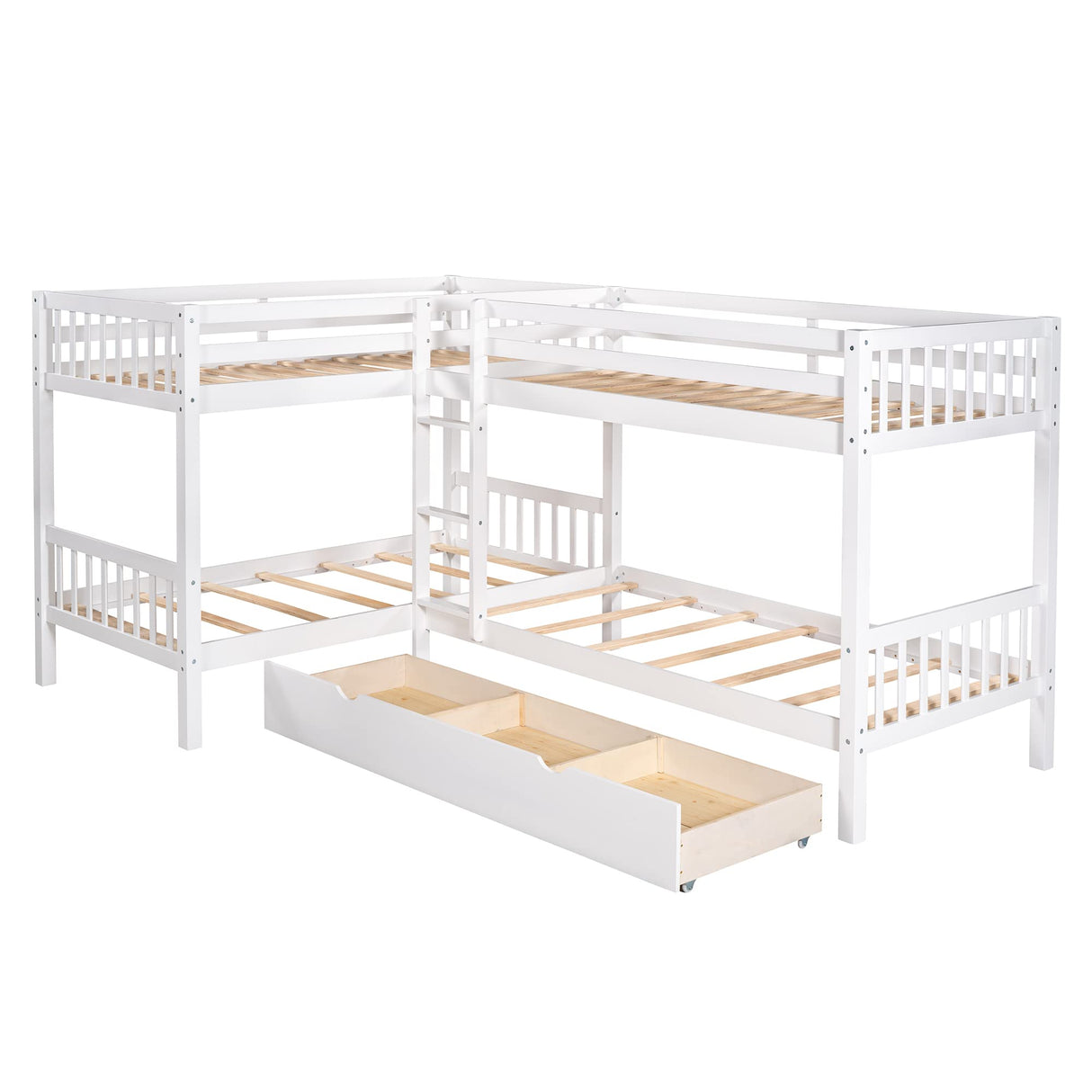 Morhome L-Shaped Bunk Bed with Drawers, Bunk Bed for 4 Twin Over Twin for Boys Girls Kids Teen Wood Quad Bunk Beds Frame Morhome