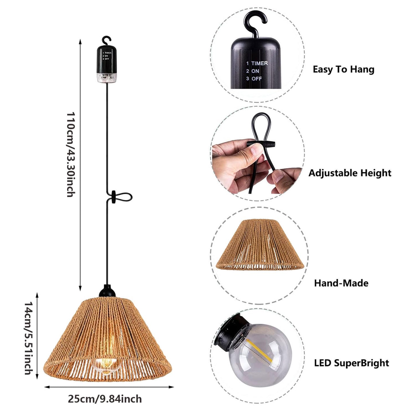 Battery Operated Pendant Light Outdoor Chandelier for Gazebo Hanging Lamp with LED Bulbs Rattan Shade Lantern for Porch Patio Backyard Bedroom Kitchen Decor Powered by 4*AA Batteries - WoodArtSupply