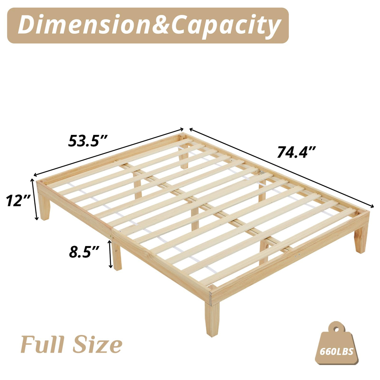 Karl home 12 Inches Wood Platform Bed Frame, Full Bed Frame, Solid Wood Foundation with Wood Slat Support,Easy Assembly No Box Spring Needed (Natural) Karl home