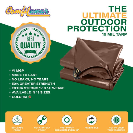 COMFITWEAR 16 MIL Heavy Duty Tarp Super Heavy Duty Tarp Cover 16 MIL Multi-Purpose Extra Heavy Duty Tarps Car Tarp Boat Tarp Camping Tarp General Purpose Waterproof Tarp Cover (20' X 40', Brown) COMFITWEAR