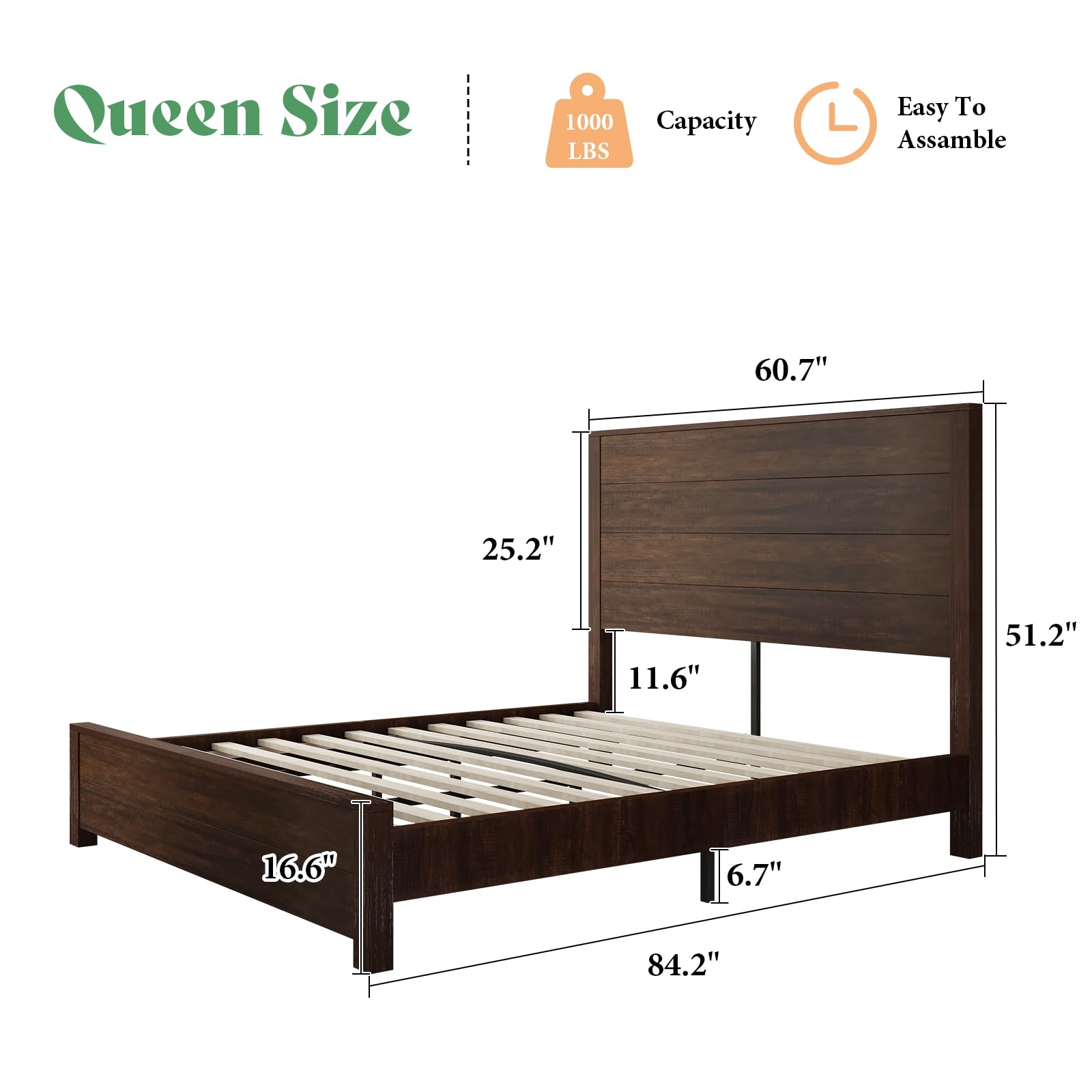 AMERLIFE Queen Size 51.2" Solid Wood Bed Frame, Rustic Platform Bed with Spliced Headboard, Wood Slats Support/Noiseless/No Box Spring Needed/Reclaimed Barnwood - WoodArtSupply