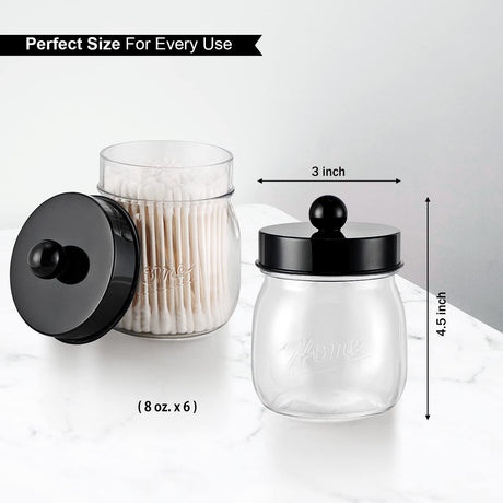 Farmhouse Decor Apothecary Jar Set,Mason Jar Bathroom Vanity Storage Organizer Canister - Qtip Holder Plastic Acrylic Jar for Cotton Swabs,Cotton Pads,Floss Picks,Paper Clips,Hair Clips(6 Pack,Black) SheeChung