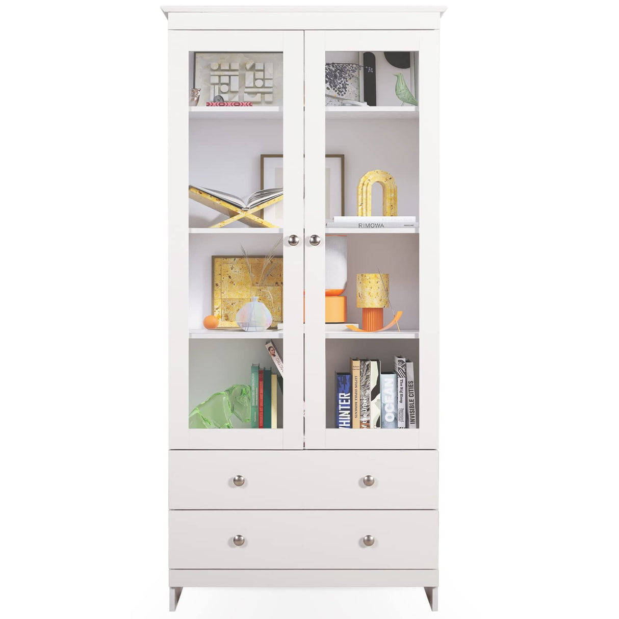 YIGOBUY White Bookcase with Glass Doors 4-Tier Tall Bookshelf with Cabinet and Drawers Wood Curio Storage Cabinets Wide 4 Cube Storage Organizer for Living Room Bedroom Bathroom Office Kitchen YIGOBUY