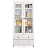 YIGOBUY White Bookcase with Glass Doors 4-Tier Tall Bookshelf with Cabinet and Drawers Wood Curio Storage Cabinets Wide 4 Cube Storage Organizer for Living Room Bedroom Bathroom Office Kitchen YIGOBUY