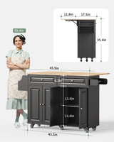 Qsun Kitchen Island with Storage, Kitchen Cart on 5 Universal Wheels, Mobile Kitchen Island with Rubber Wood Top and Side Rack (Black) Qsun