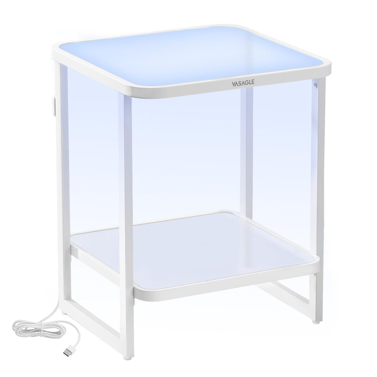 VASAGLE End Table, 2-Tier Side Table with LED Lights, Modern Nightstand, Square Bedside Table, Frosted Glass, Bottom Shelf, for Bedroom, Cloud White and Pearl White ULET232W01 VASAGLE