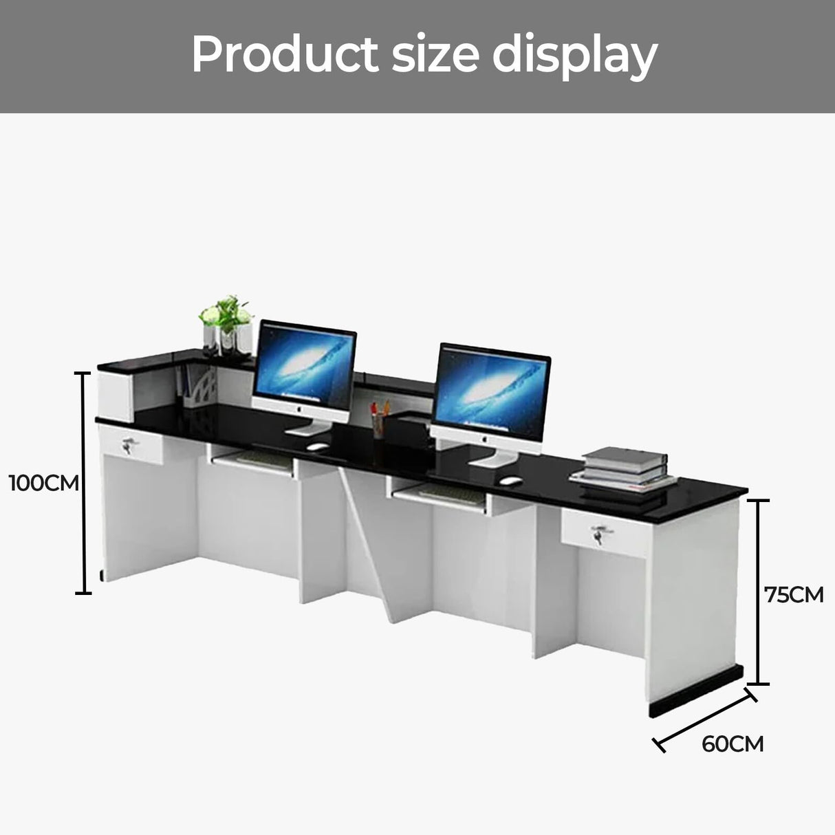 Huariifowm Modern Reception Desk Counter with with Counter & Lockable Srotage Drawers Office Wooden Front Desk with Keyboard Holder for Office (Pure White+Black/Left, 87" L*24" W*39" H) Huariifowm