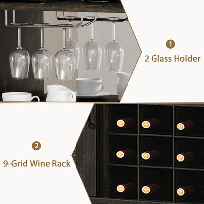 4 EVER WINNER Wine Bar Cabinet with LED Light, 47" Home Bar Cabinet with Wine and Glass Rack, Sliding Barn Doors, Farmhouse Coffee Liquor Cabinet for Dining Living Room, Dark Rustic Brown