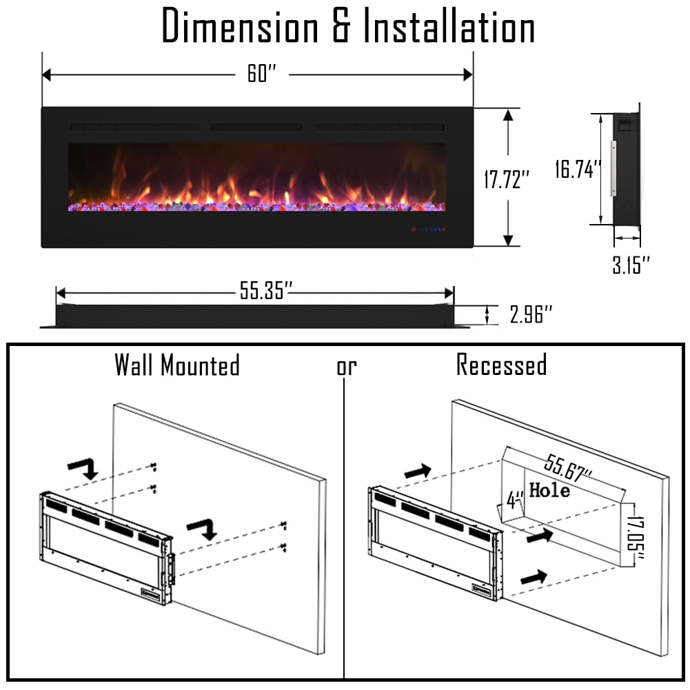 Cheerway 60 inch Electric Fireplace Heater, Wall Mounted & Recessed Electric Fireplace Insert, Ultra-Thin Linear Fireplace w/Thermostat, 13×13 Flame Color, Remote & Touch Control w/Timer, 750W/1500W