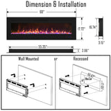 Cheerway 60 inch Electric Fireplace Heater, Wall Mounted & Recessed Electric Fireplace Insert, Ultra-Thin Linear Fireplace w/Thermostat, 13×13 Flame Color, Remote & Touch Control w/Timer, 750W/1500W Cheerway