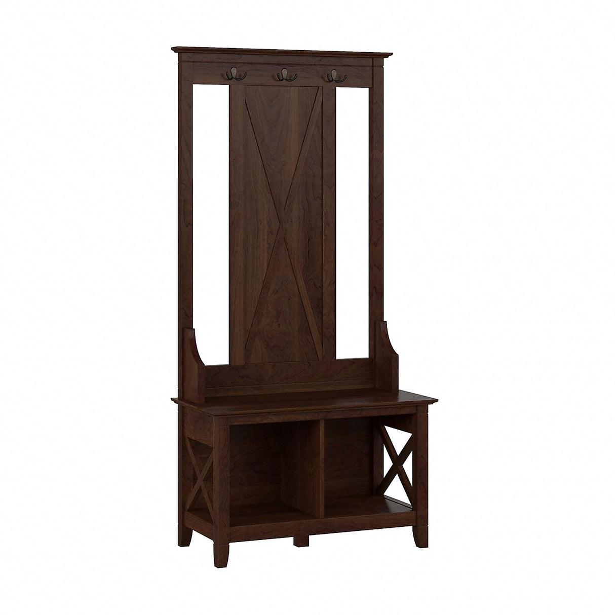 Bush Furniture Key West Hall Tree with Shoe Storage Bench in Bing Cherry, Entryway Organizer for Home, Multi-Purpose Storage Solution with Seating and Hooks Bush Home