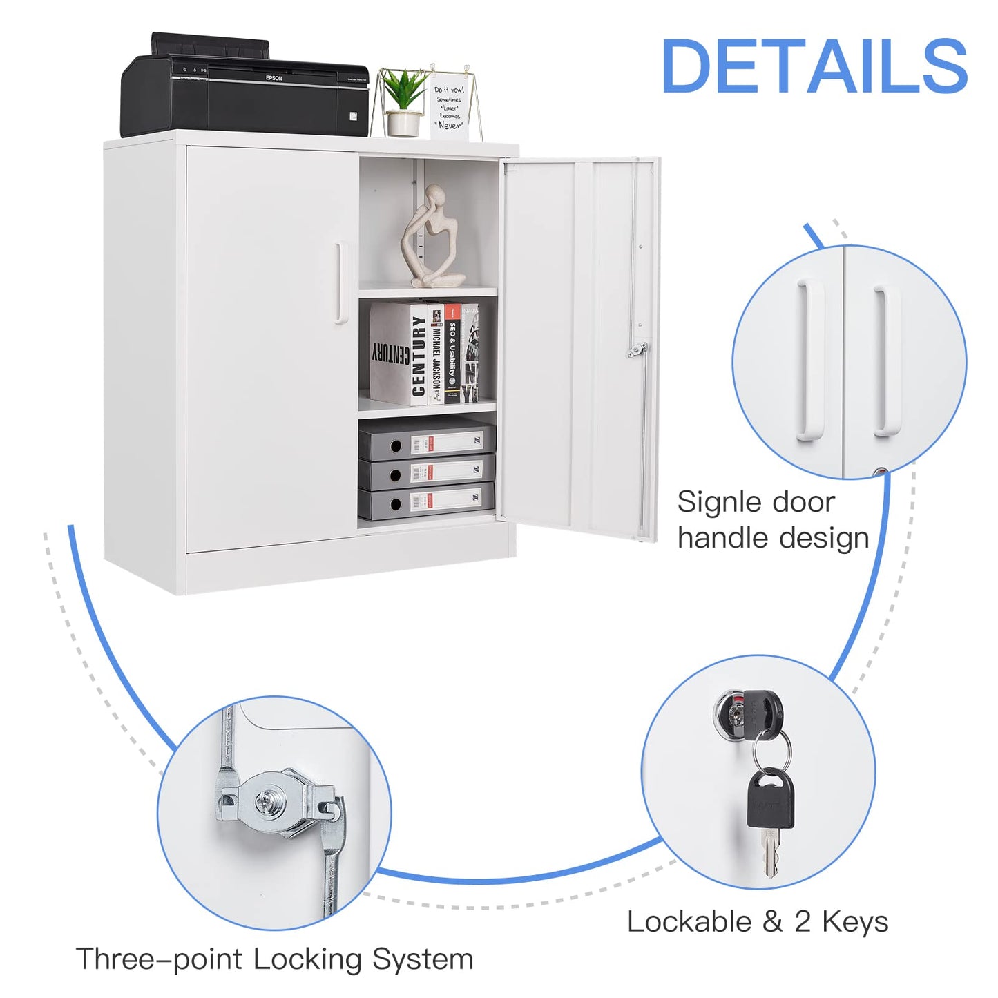 Yizosh Metal Garage Storage Cabinet with 2 Doors and 2 Adjustable Shelves - 35.5" Steel Lockable File Cabinet,Locking Counter Cabinet for Home Office,Garage,Gym,School (White)