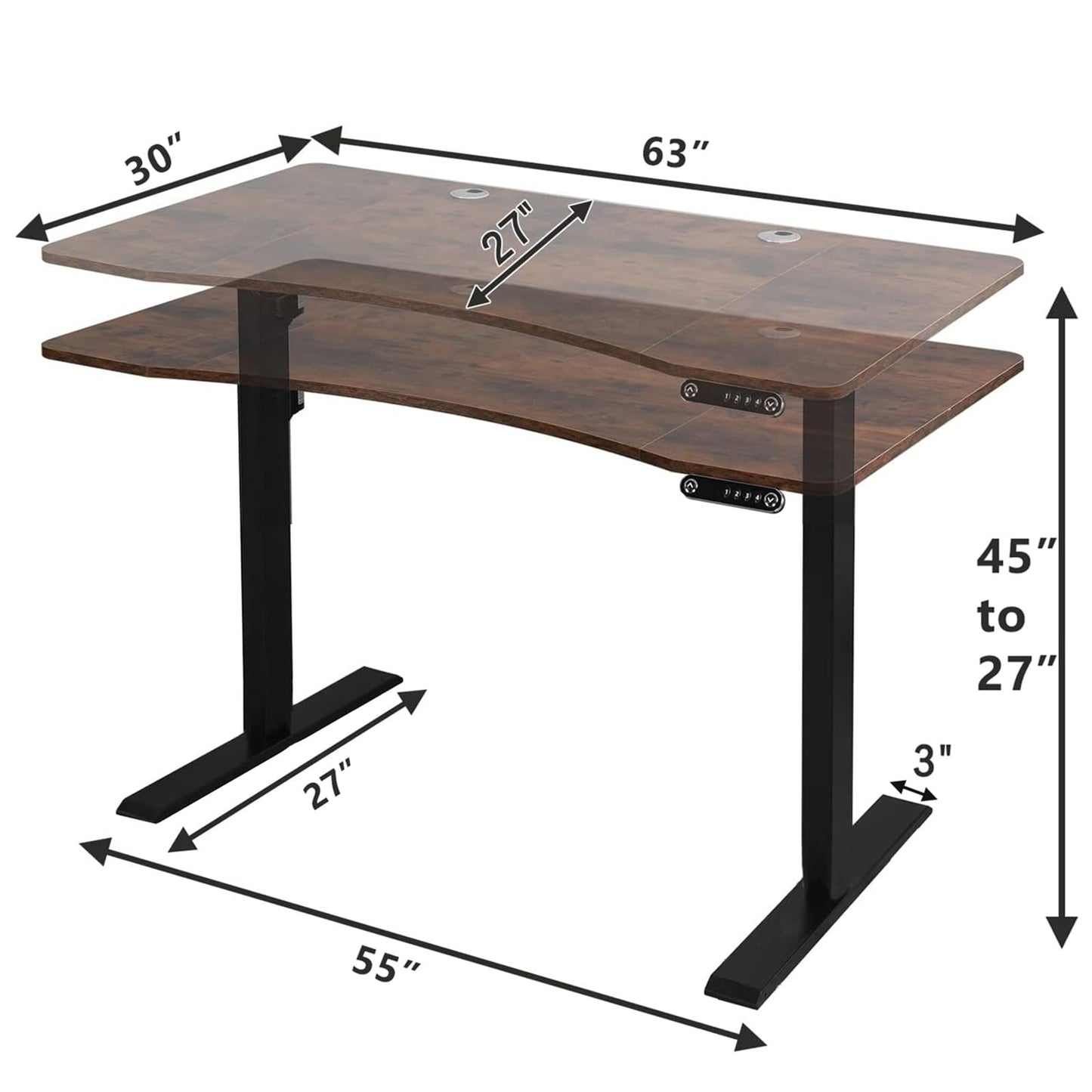 Sileye Electric Sit Dual Motor Height Adjustable, Memory Stand Up Desk with Drawer, Ideal for Daily Use at Home Office, Bedroom, 63x30 Inch, Dark Brown - WoodArtSupply