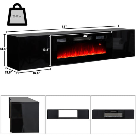 AMERLIFE Floating TV Stand with 36" Electric Fireplace, High Gloss Finish Wall Mounted Fireplace Entertainment Center with Storage for TVs Up to 78", Black AMERLIFE